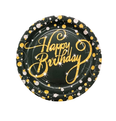 Compra aquí Plato Redondo 7" Happy Birthday Destellos Negros *10 Unidades #1