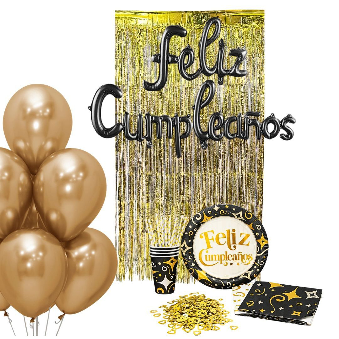 Compra Kit de Cumpleaños Dorado -Negro para 10 Personas en Partymax. Bogotá. Imagen #1.