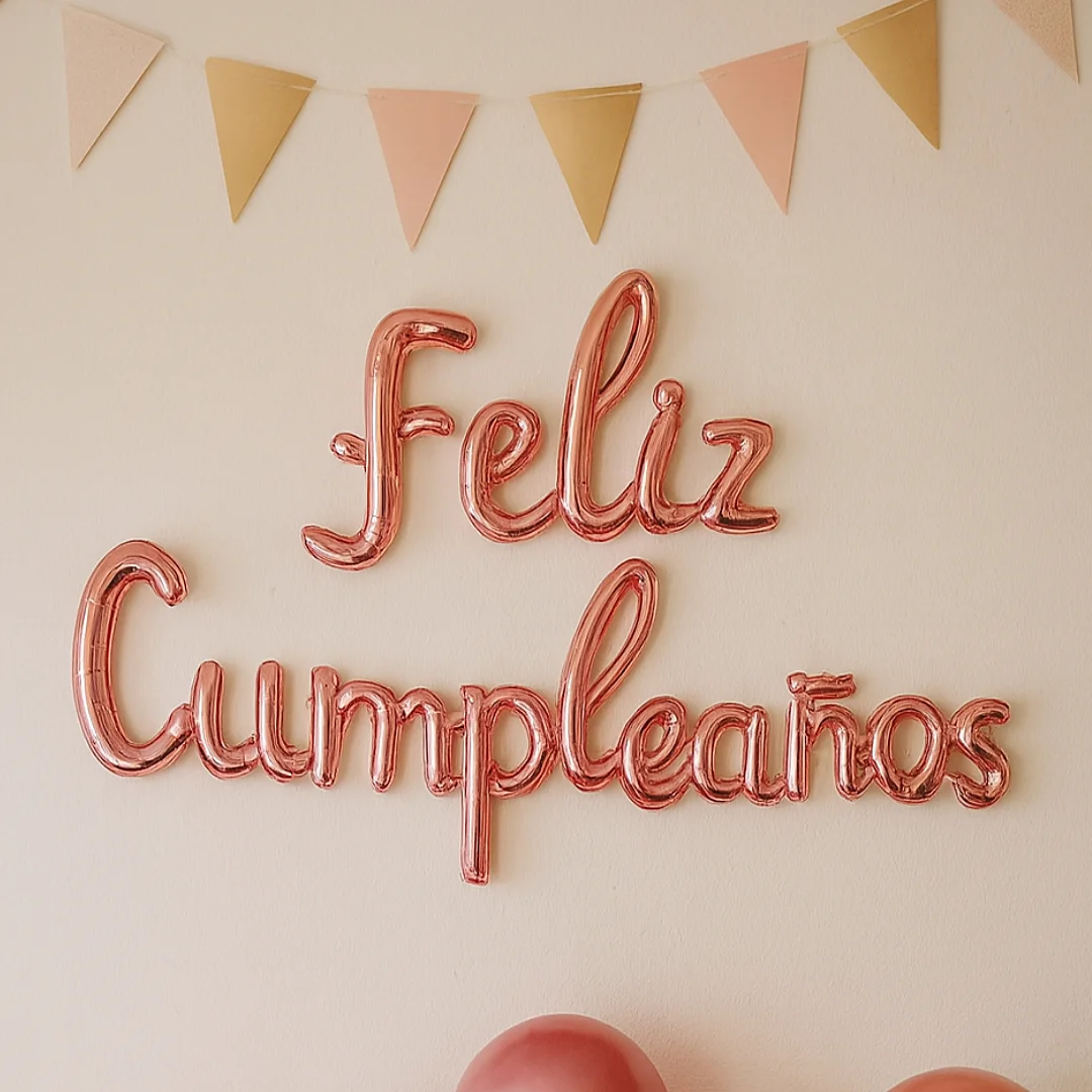 Compra Globo Letrero Feliz Cumpleaños Metalizado Cursiva Oro Rosa en Partymax. Bogotá. Imagen #2.