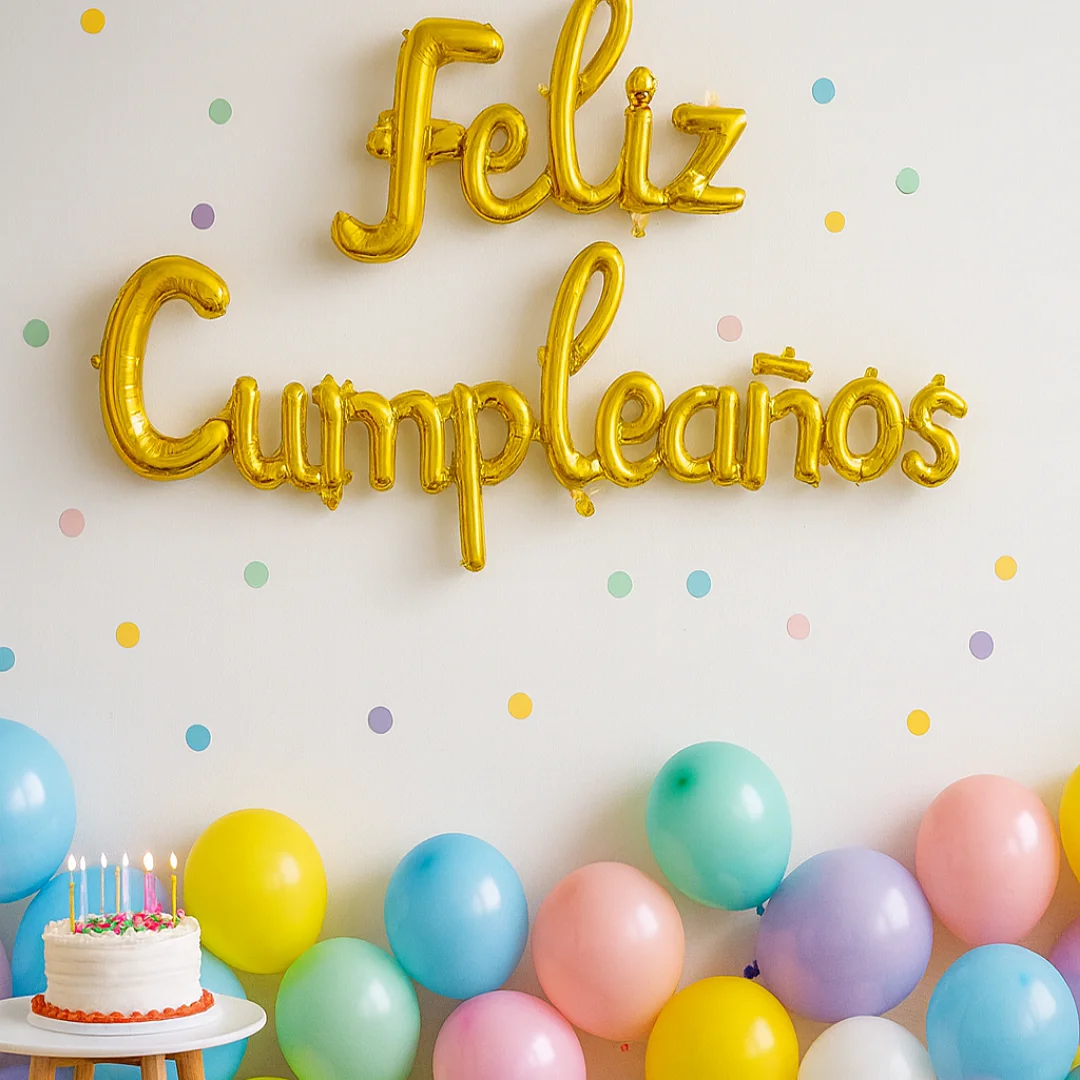 Compra Globo Letrero Feliz Cumpleaños Metalizado Cursiva Dorado en Partymax. Bogotá. Imagen #2.