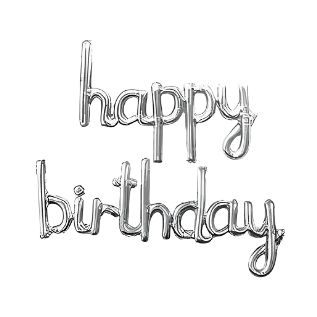 Compra Globo Letrero Happy Birthday Cursiva Plateado en Partymax. Bogotá. Imagen #1.